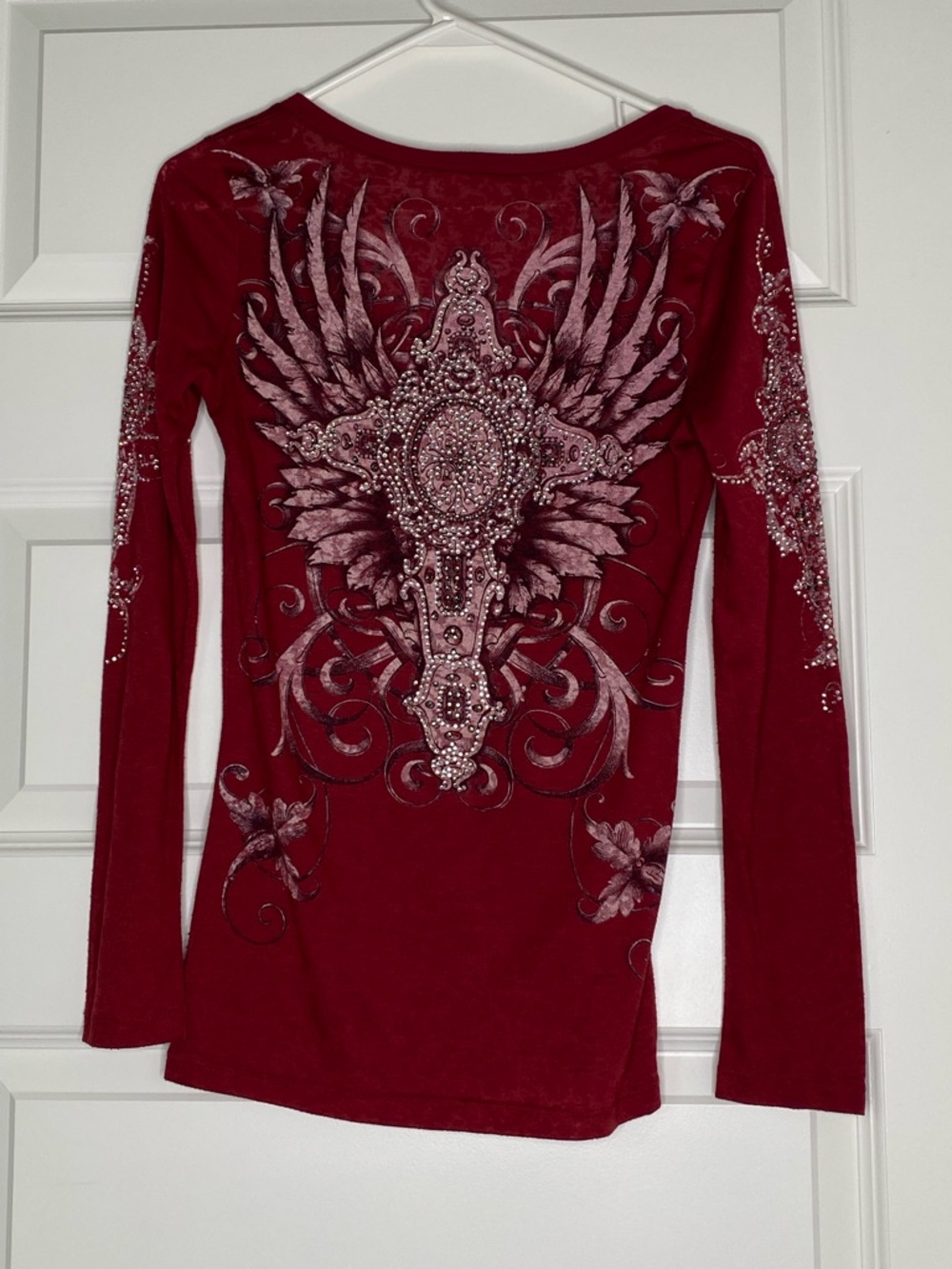 Y2K Embellished V-Neck Long Sleeve Top - Red - Picture 2 of 4